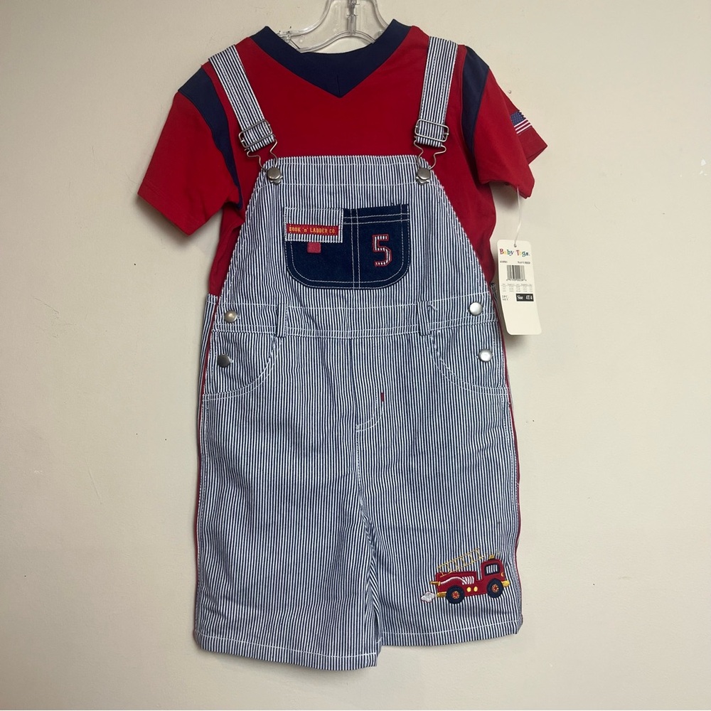 NWT VTG Baby Togs 2 Piece Fire truck Embroidered Striped Shortalls Overalls Red‎